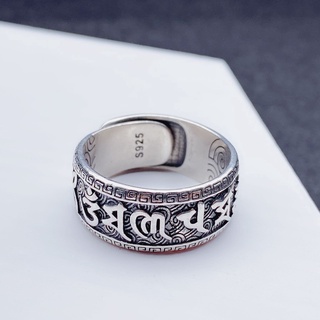 PANAOBEN❤Seis caracteres Mantra Ring Masculino Ajustável Retro 925 Ring Girl Presente de Natal para Namorada Anel Anel de Diamante de Cristal Japonês Joias Anéis Fofos Do Vintage Mulheres Acessórios de Moda Coreano Casal Anel De Prata 925 Para Homens