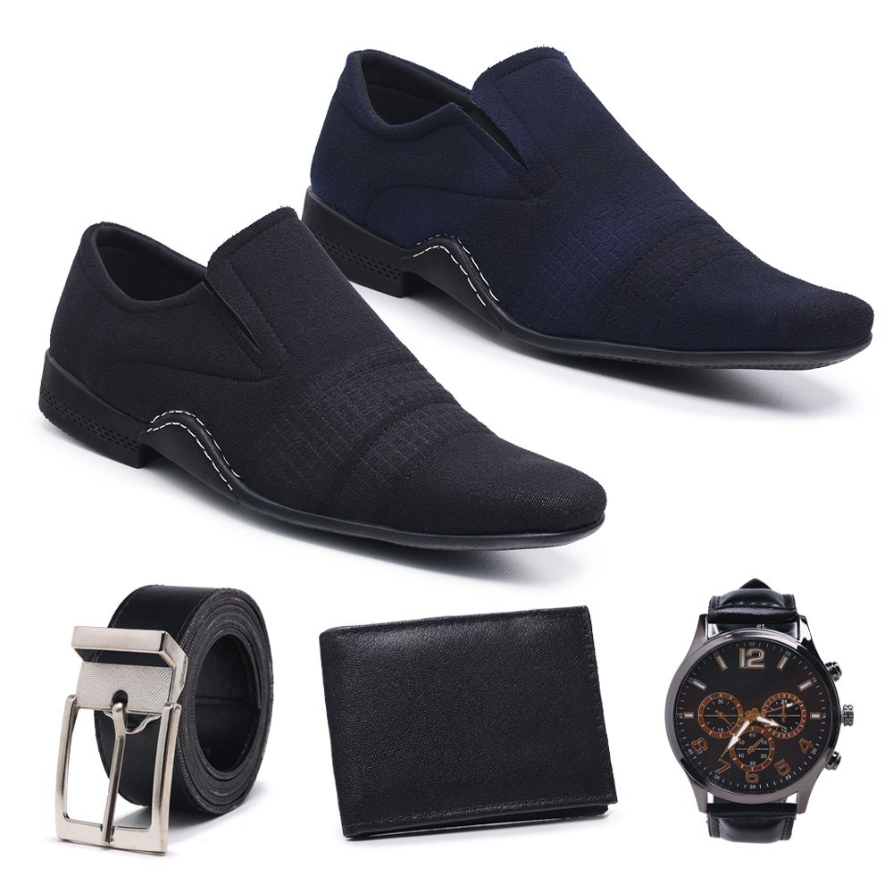 Kit 2 Pares de Sapato Social Masculino Camurça Preto/Azul Marinho+Cinto+Carteira+Relógio