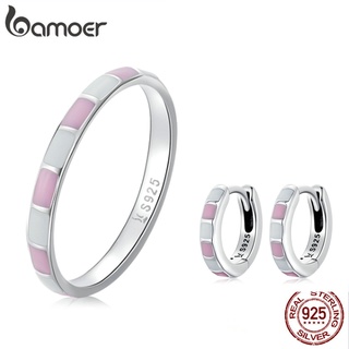 Bamoer 925 Sterling Silver Jewelry Set Brincos E Anéis Padrão Geométrico Rosa Para Meninas Presentes