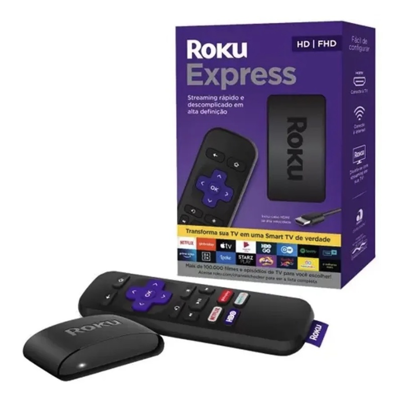 Roku Express, Streaming Player Full HD, Com Controle Remoto E Cabo HDMI