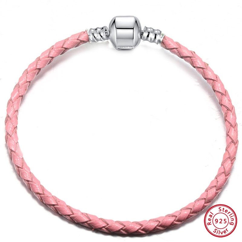 pink braided double leather charm bracelet