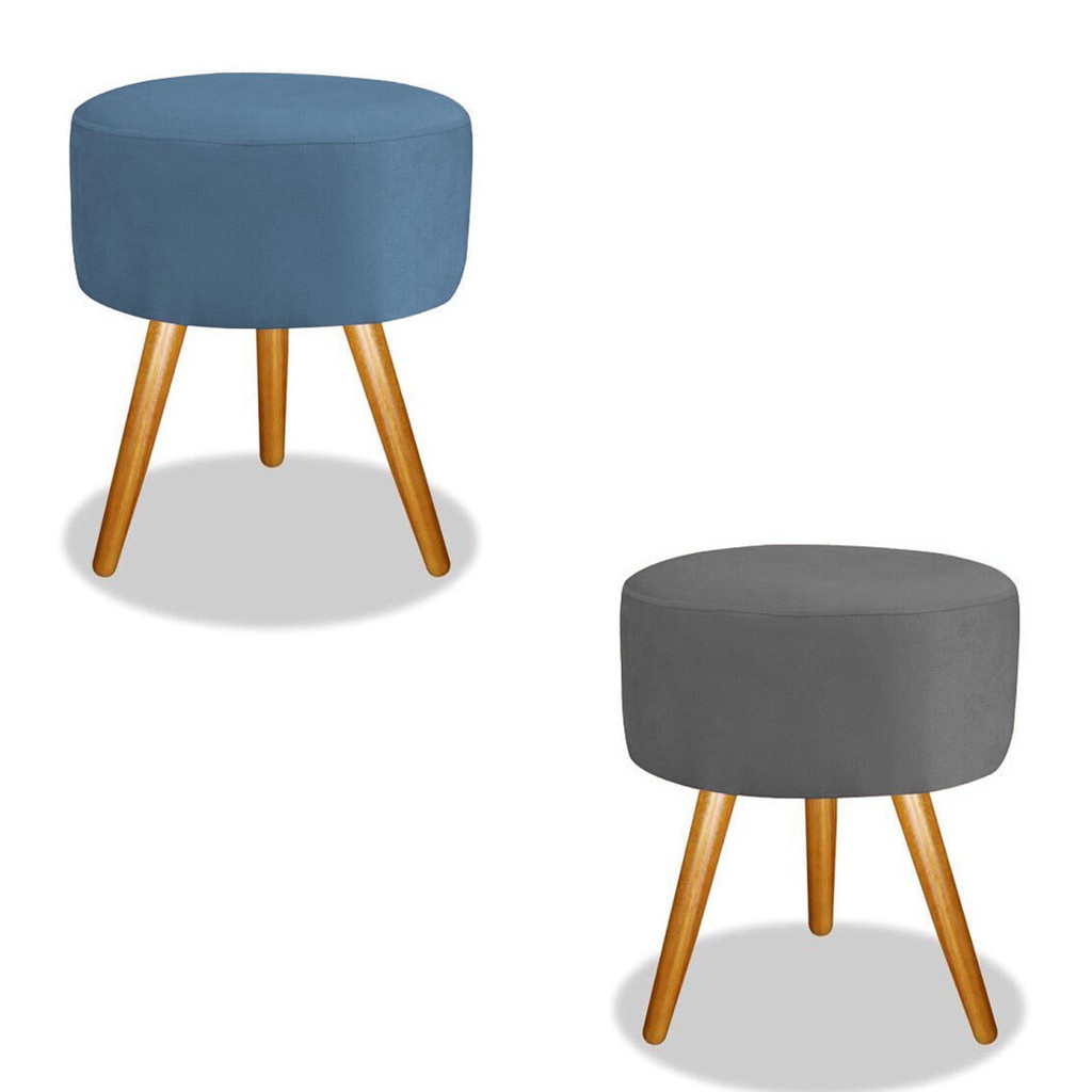 2 Puf, Puffs Para Sala Redondo Pé Palito Suede Cinza e Azul Marinho