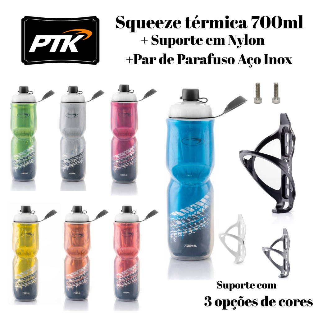 Garrafa Caramanhola Squeeze Hidratação Térmica Bike 700ml C/ Suporte E Parafuso para Ciclismo, Caminhada, Corrida, Atividades Físicas