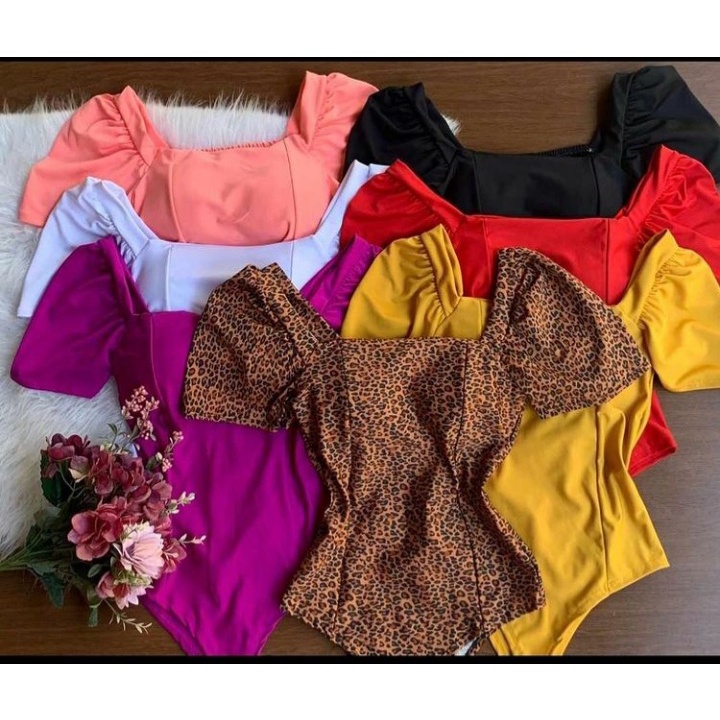 Body feminino com bojo manga curta bufante moda em Oferta na Shopee