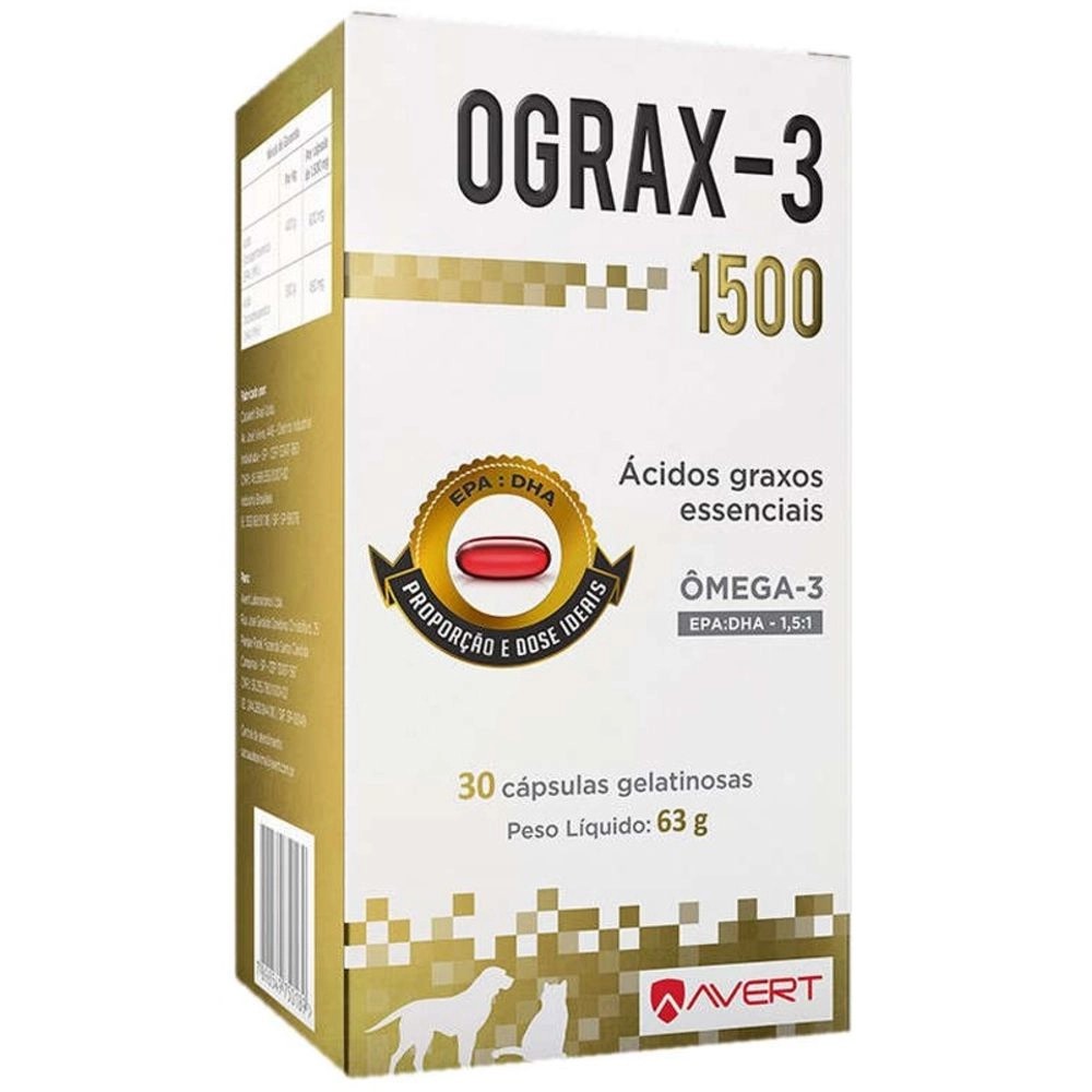 Ograx-3 1500 - 30 Cápsulas - Suplemento Nutricional P/ Cães e Gatos - Pets