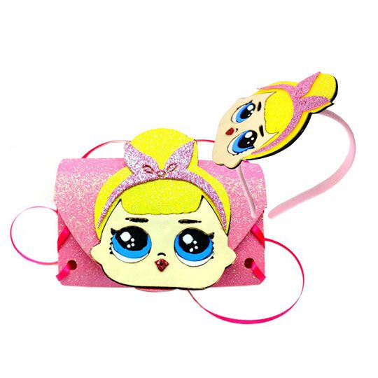 Kit tiara + bolsa LOL rosa Glitter EVA infantil e adulto