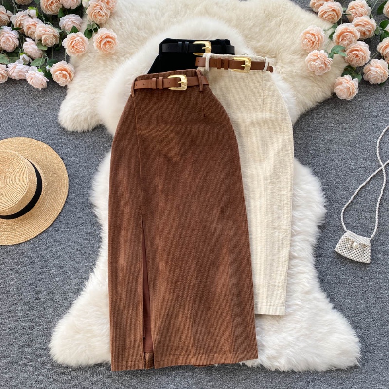Nova Saia Retrô Feminina Com Fenda Outono Inverno Comprimento Médio Estilo Coreano Cintura Alta Linha A Elegante Saias