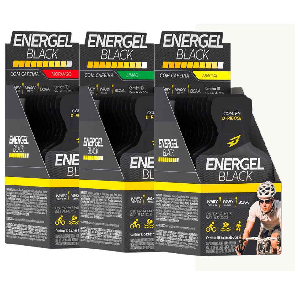 Kit 3 x Gel Energel Black 10 Sachês Bodyaction Bcaa Waxy Maize Whey protein - Morango, Abacaxi e Limão