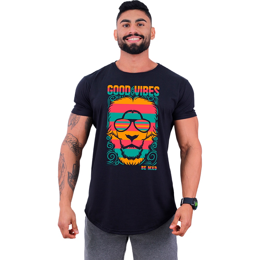 Camiseta Longline Masculina MXD Conceito Academia Musculação Casual Lion Good Vibes
