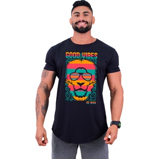 Camiseta Longline Masculina MXD Conceito Academia Musculação Casual Lion Good Vibes Estampas