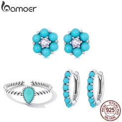 Bamoer 925 Prata Simples Brincos Com Anel Turquesa Para Mulheres Presentes De Moda Jóias
