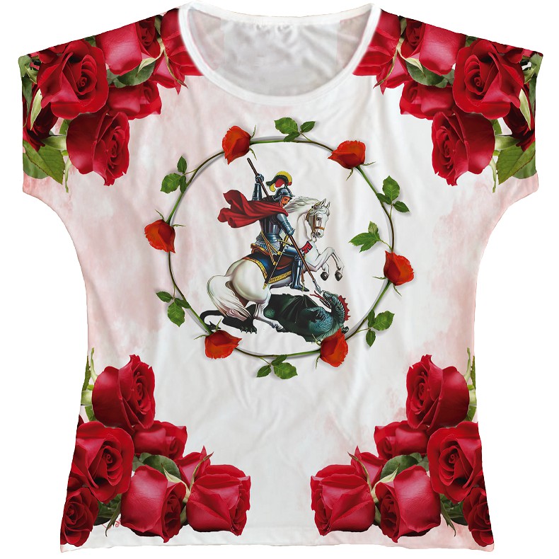 Blusa São Jorge Bata Rainha do Brasil Rosas Vermelhas