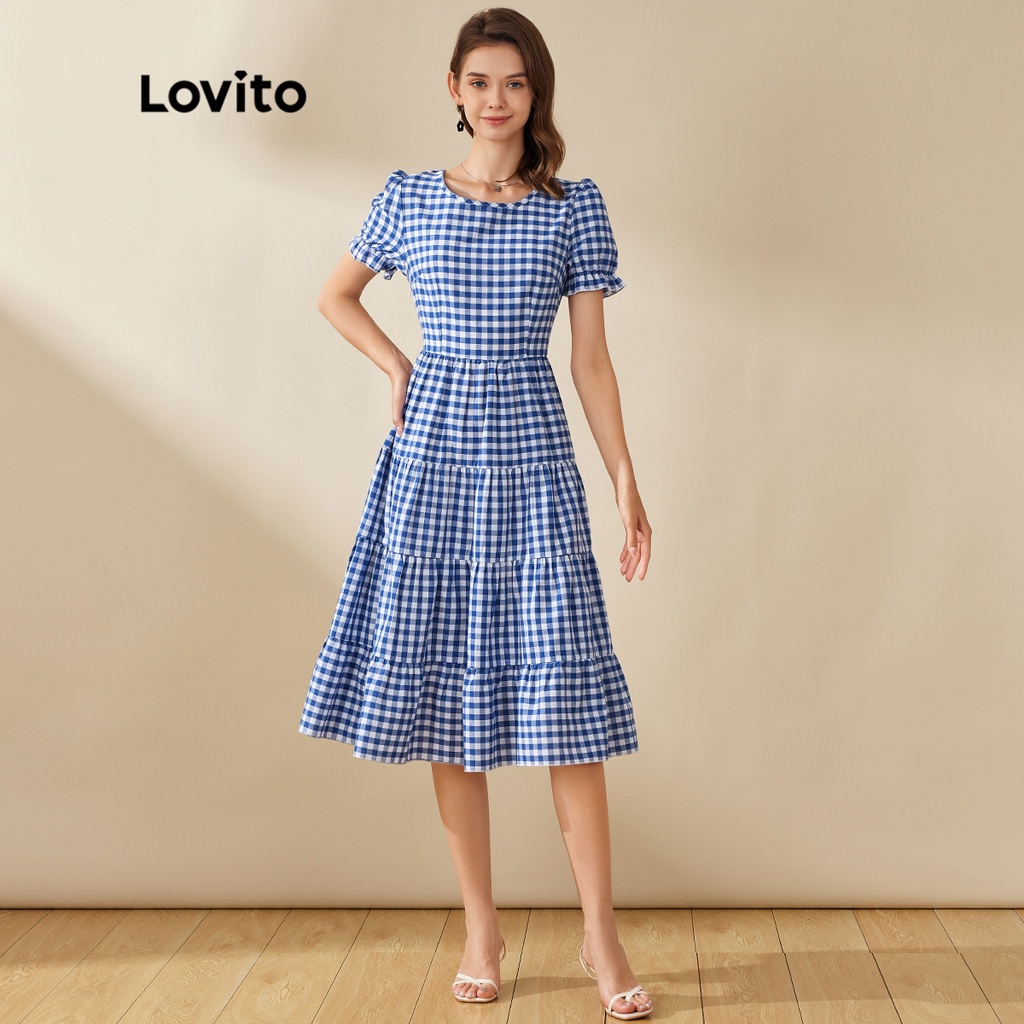 Lovito Vestido Xadrez Casual Plissado Em Camadas Comprimento Midi L20D1251 (Azul)