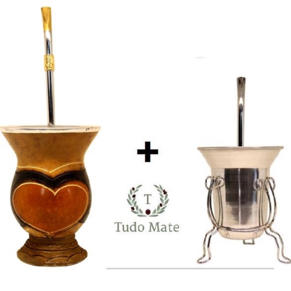 Cuia para Chimarrão Coração com Bomba + Cuia Copo para Tereré em Alumínio com Tripé e Bomba