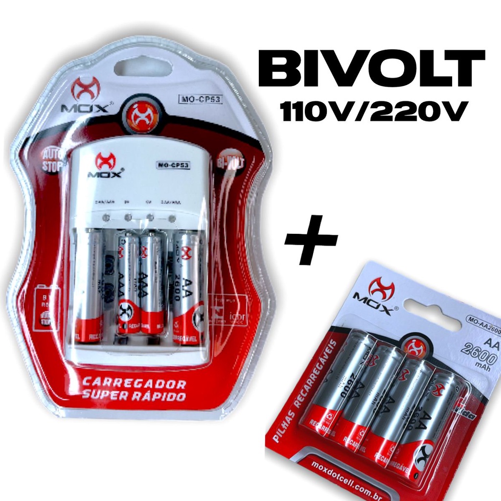 Carregador de Bateria 9V e Pilhas + 8 Pilhas Recarregaveis AA/AAA