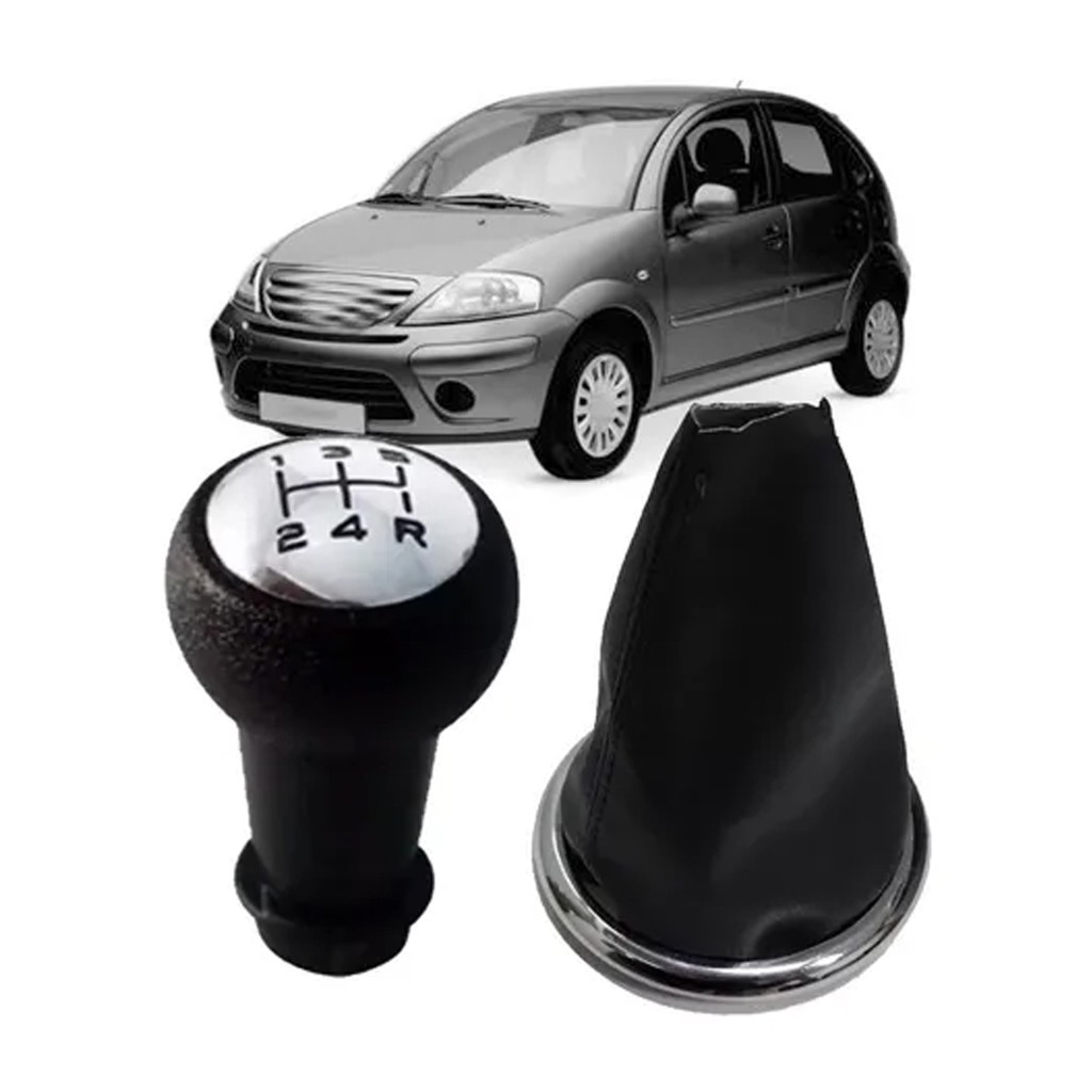Kit Manopla Bola De Cambio + Coifa Cambio Aro Cromado Citroen C3 2004 2005 2006 2007 2008 2009 2010 2011 2012