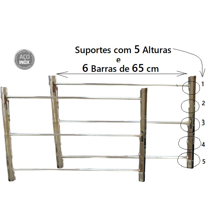 Suporte Inox Grelha c/ 6 barras 65 cm para Grelha e Espeto - Chur. Alvenaria e Pré Mold. 65 cm e Menor