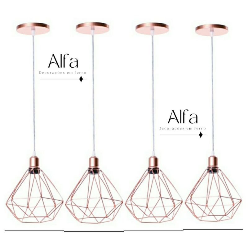Kit 4 Pendente Diamante Aramado Rose Gold Cabo Cristal