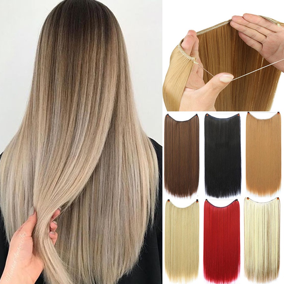 24 Polegada Linha De Pesca Extensão Do Cabelo Senhora Sem Grampo Na Sintético Em Reta Rolo De Invisível Natural Onda em Oferta na Shopee