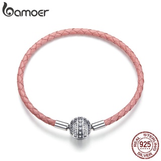 Pulseira De Couro Trançada Prata BAMOER 925 Com Fecho De Zircônia SCB114