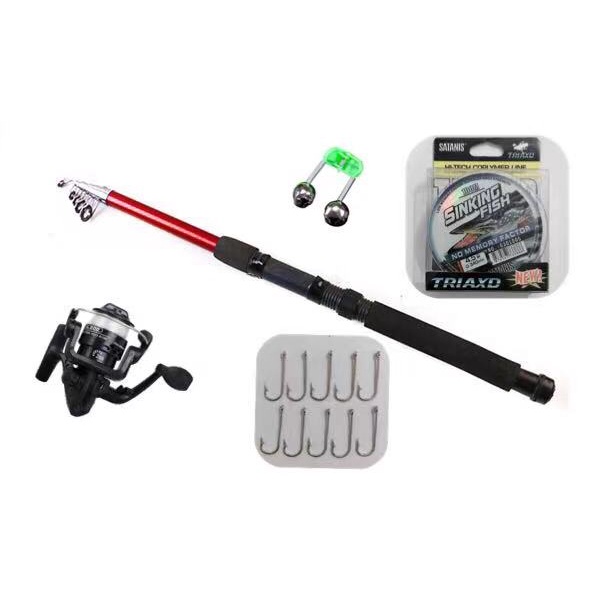 Kit Pesca Vara de Pesca Telescópica 2.70M (20lbs) + Molinete 03 Rolamentos Ambidestro Com Linha + 100 metros de Linha 0.34mm + 1 Sino Para Pesca + 10 Anzol Numero 16