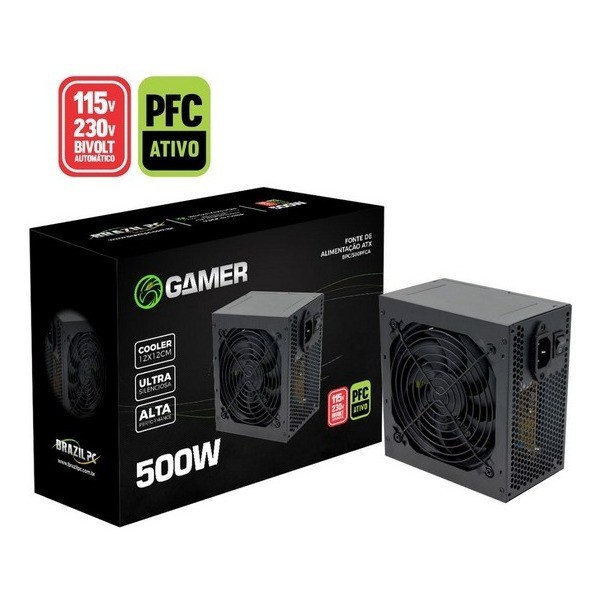 Fonte de Alimentação Para PC Gamer 500w Reais PFC Ativo 115V/230V Bivolt Automatico Preta