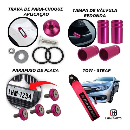 Kit Tow Strap, Trava de Para-choque, Tampa de Válvula e Parafuso - Rosa