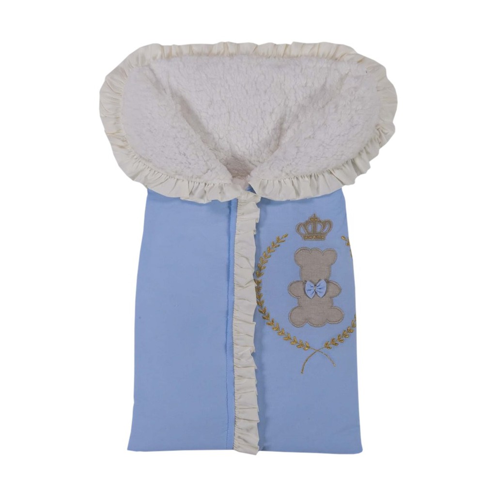 Saco de Bebê Azul Bebê Ursinho Realeza 100% Algodão - Porta Bebê Menino Azul Claro Urso Imperial Urso Rei