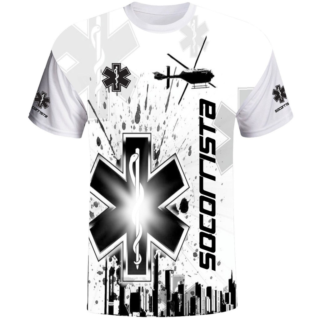 camiseta socorrista profissional que salva vidas ,na cor branca ,estampada.