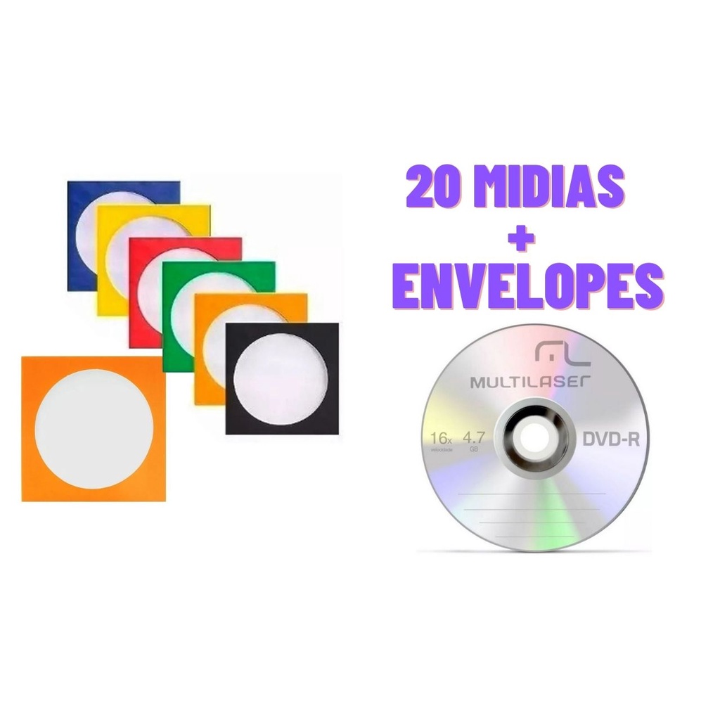 20 Mídia Virgem Multilaser DVD-R Nos Envelopes Grava Jogo Ps2