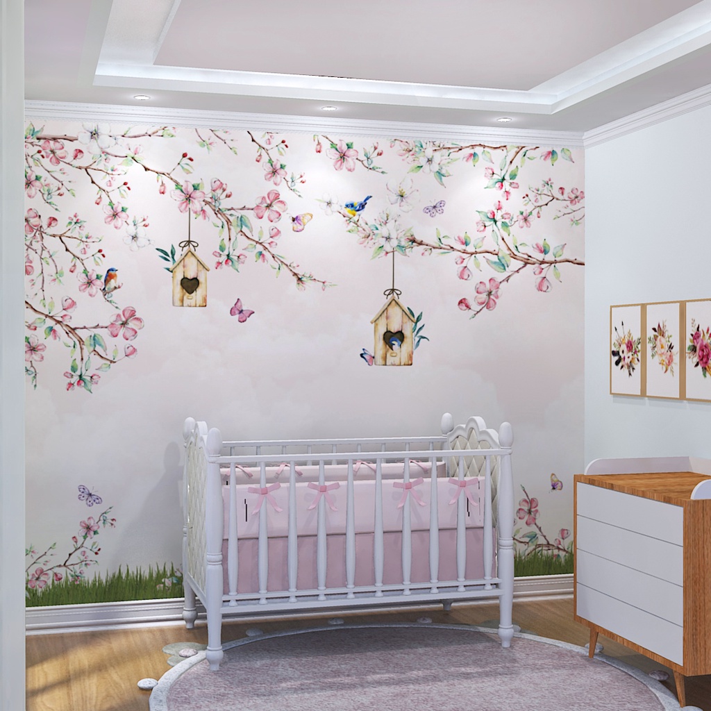 Papel de Parede Galhos e Flores Jardim Rosa Quarto Infantil de Bebê e Criança Personalizado m²