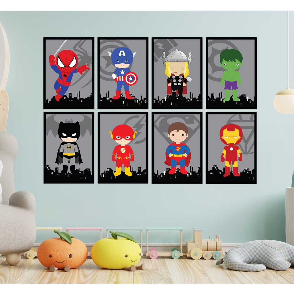 Kit 8 Quadros Decorativos Infantil Super Herois Baby Quarto Infantil Marvel Dc Placa Decorativa Em Mdf Shopee Brasil