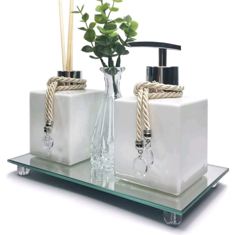Kit Lavabo Luxuoso Difusor e Saboneteira  Bandeja Retangular Espelhada Pingente Cordão Vaso Vidro