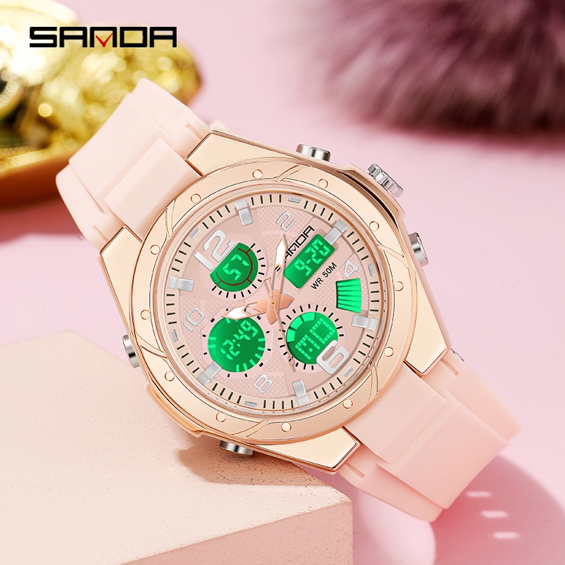 SANDA Women Watch Luxury Waterproof Quartz LED with Multi-function Swimming Watch em Oferta na Shopee