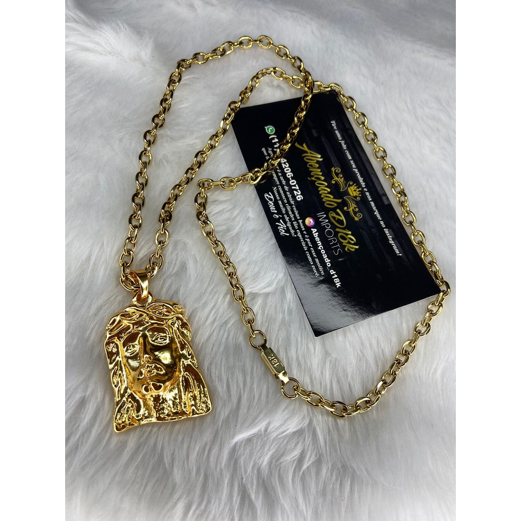 kit cordão cadeado  + Pulseira 6mm/70cm com fecho especial BANHADO A OURO Corrente Masculino com Pingente de Aço (uma presente pra seu amigo) 60/70cm com Pingente Rosto de Cristo Grande Dourado JESUS Medio Dourado Masculina Cartier com Pingente de jeová