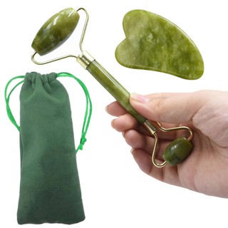 Rolo Massageador Facial Pedra Natural Jade + Placa Gua Sha