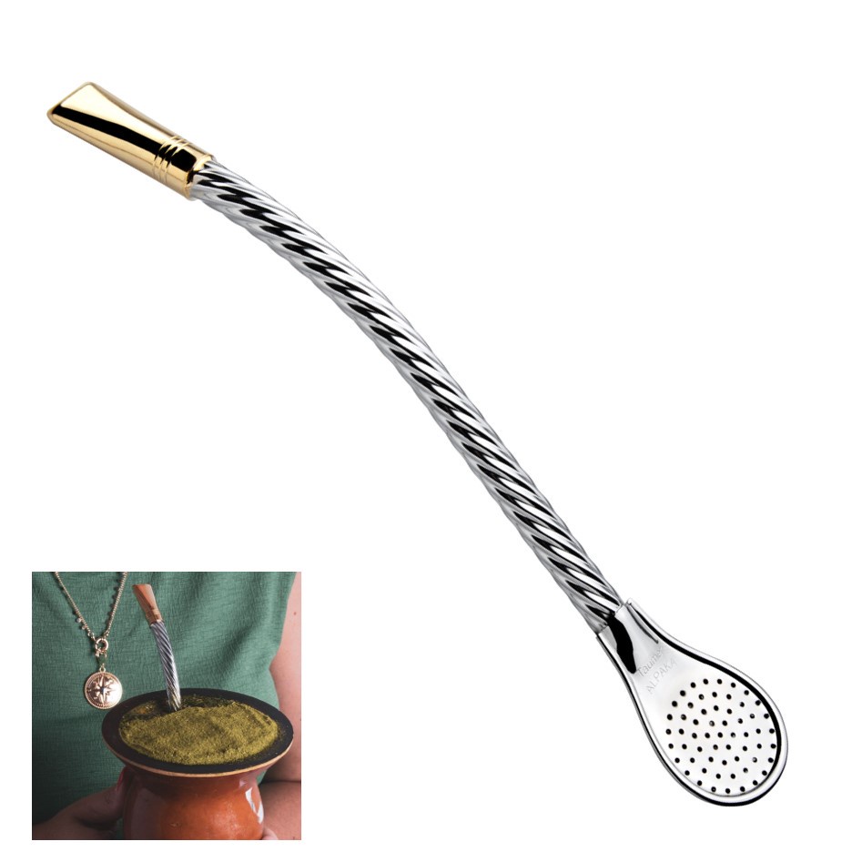 Bomba Chimarrão Mate Tereré 19cm Latão Cromado Cano Espiral C/ Biqueira - 346 Taumer