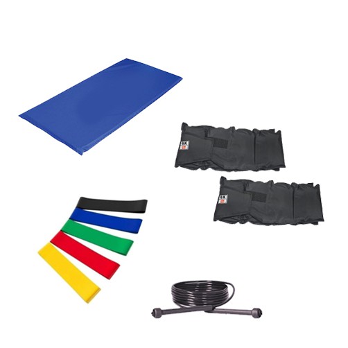 Kit Colchonete Azul + Par de Caneleira Tornozeleira De Peso 8kgs Profissional + 5 Mini Band Elástico para Exercícios + Corda de Pular Ajustável