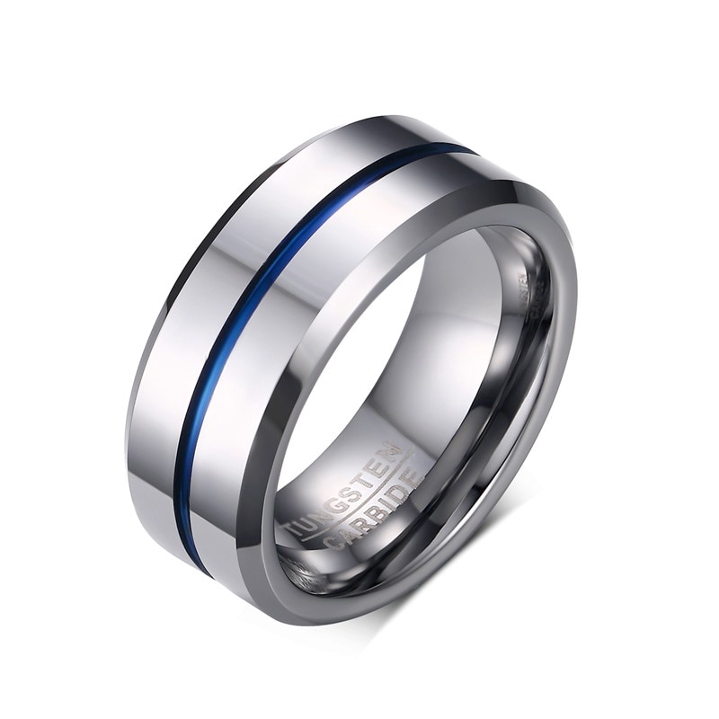 Anéis Masculinos De 8 Mm , Carboneto De Tungstênio , Linha Azul Fina , Anel De Aliança De Casamento Para Homens , Joias em Oferta na Shopee