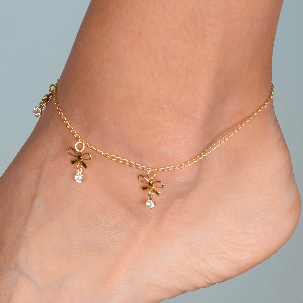 Tornozeleira de Laço e Pontos de Luz de Zircônia Banhada a Ouro 18K- Semi Jóia de Luxo (TO 1921) em Oferta na Shopee