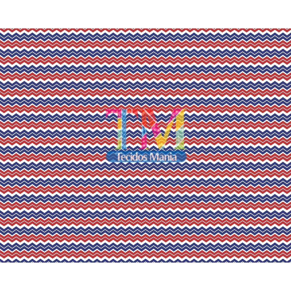 Tecido tricoline, microfibra ou gabardine estampado - Chevron médio - Azul e vermelho - 0.50 cm