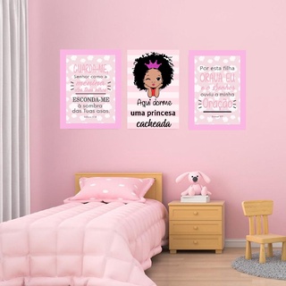 Quadro Placas Decorativas Aqui Dorme Uma Princesa Cacheada Para Decoração De Quarto Infantil Menina 3 Peças 20x28