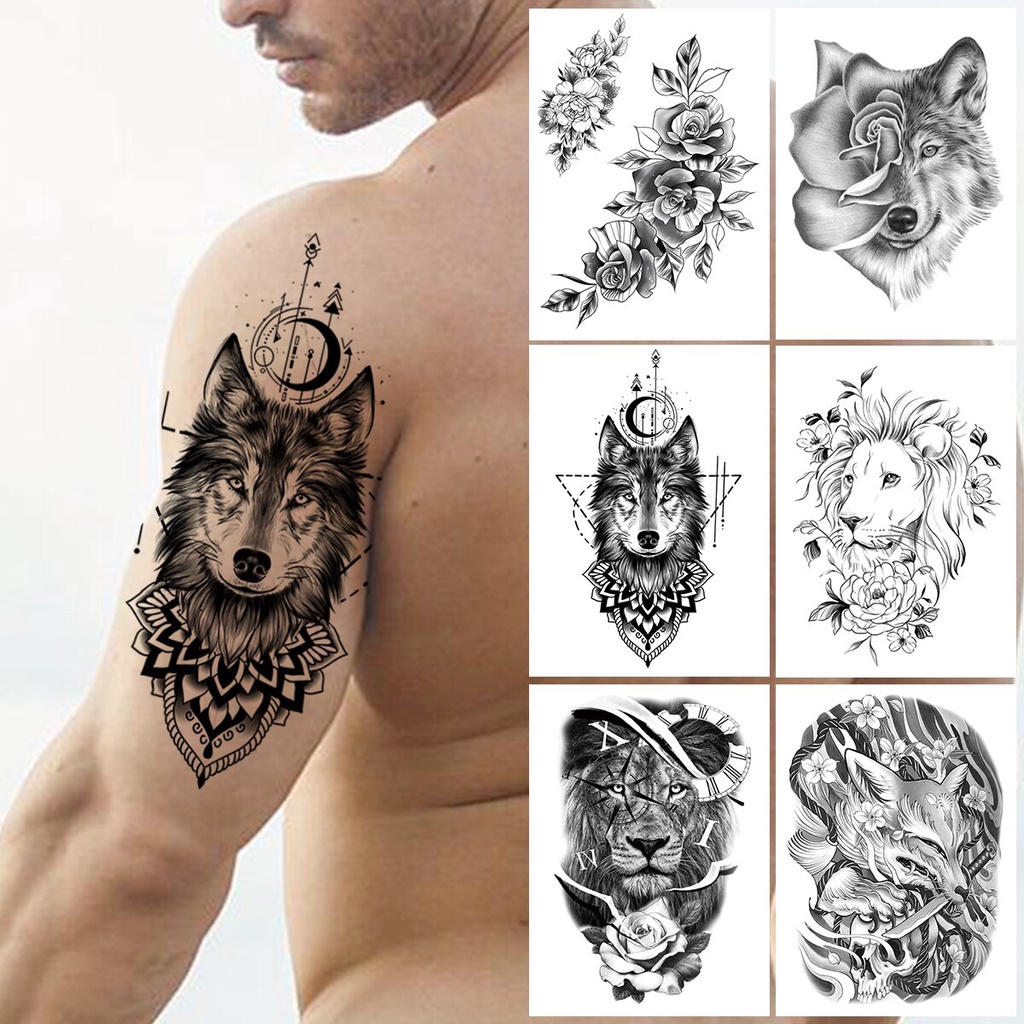 Henna Geometry Wolf Temporary Tattoos For Men Women Kids Boys Fox Flower  Lion Tattoo Sticker DIY Black Peony Fake Tatoos Forearm | Shopee Brasil