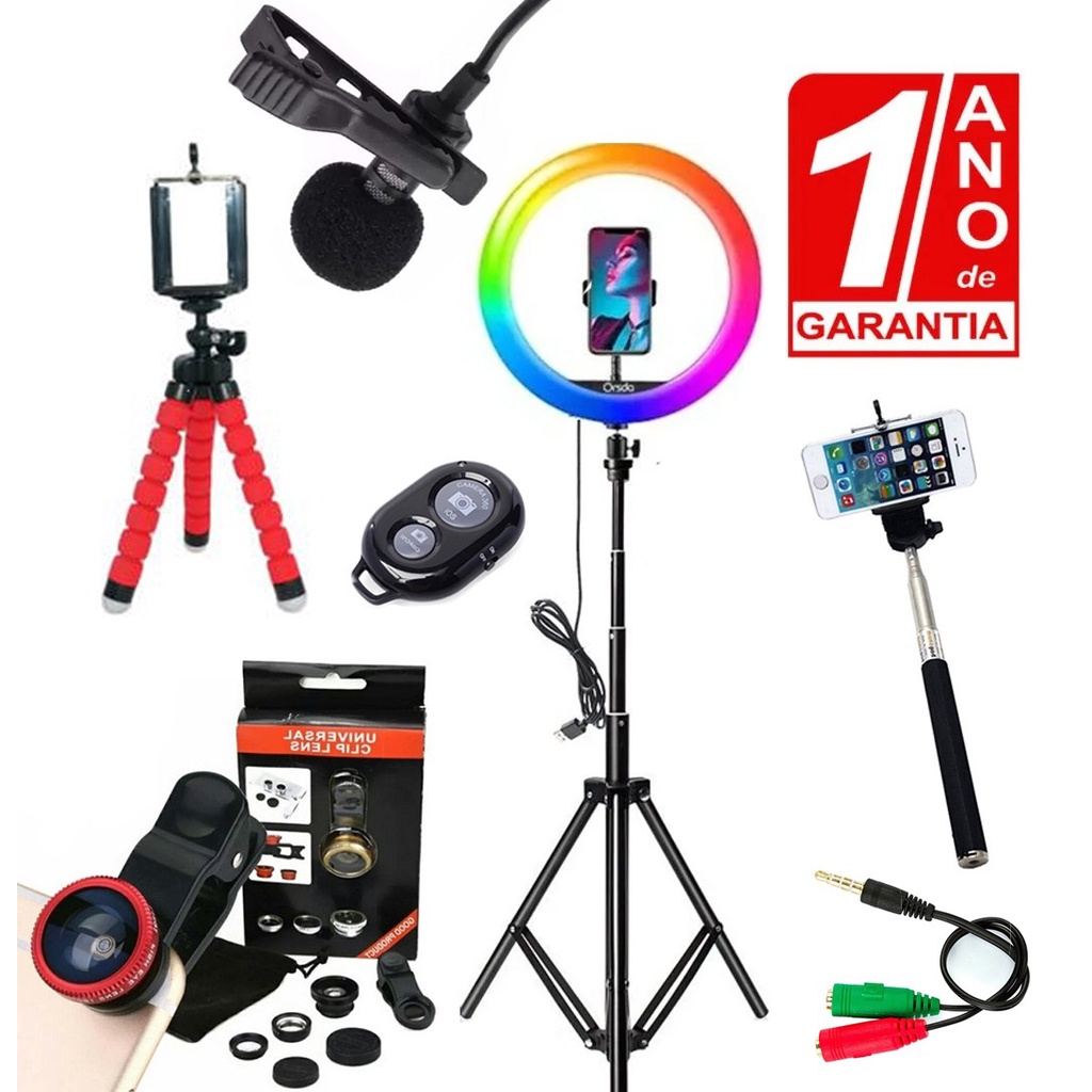 Kit Youtuber Ring Light Colorida RGB 26cm + Bastão Selfie + Lente Peixe + Microfone de Lapela