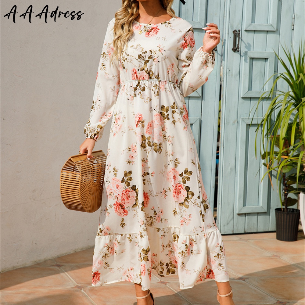 Mulheres Elegante Floral Impresso Longos Vestidos Casuais O Pescoço De Manga Comprida Senhoras 8258