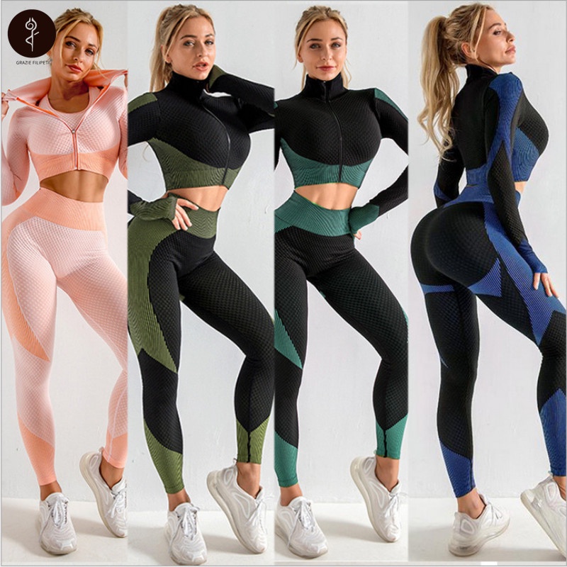 3 Peças Conjunto Fitness Roupa Academia Esportiva Yoga Calça Legging Bra Top Jaqueta Feminino