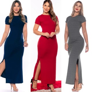 Vestido Manga Canelado com Manga Curta Feminino Longo com Fenda Gestante Social Evangélico Blogueira Sexy Grávida em Oferta na Shopee