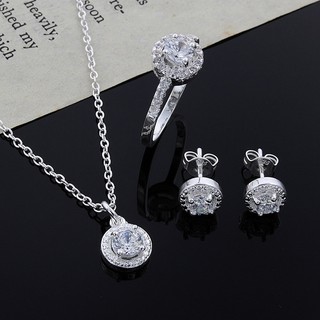 Hw Conjunto De Jóias Colar E Brinco De Cristal Folheado A Prata 925 | 【HW】Womens 925 Silver Plated Crystal Necklace Earring Ring Set Jewelry
