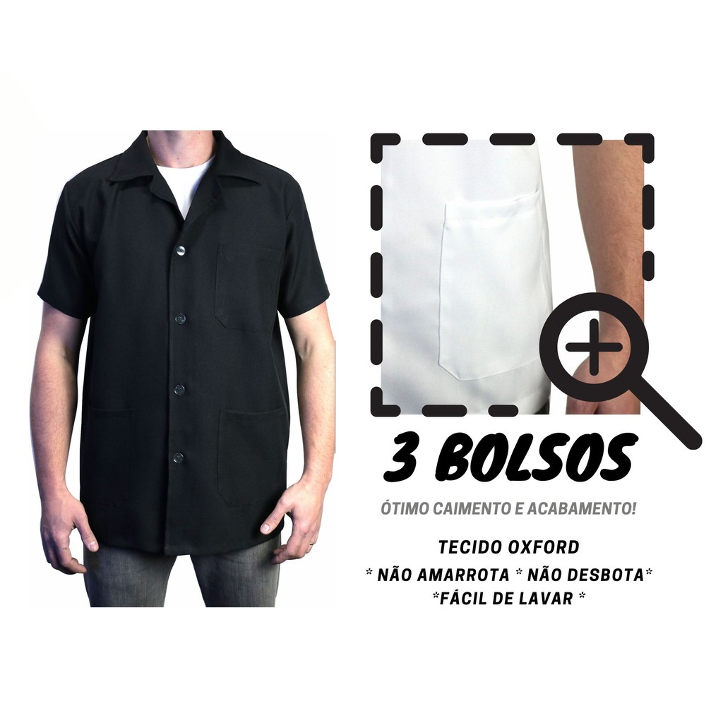 Jaleco MASCULINO Manga Curta Oxford Premium blusa casaco bata guarda-pó preto branco melhor e qualidade Branco Preto | Shopee Brasil