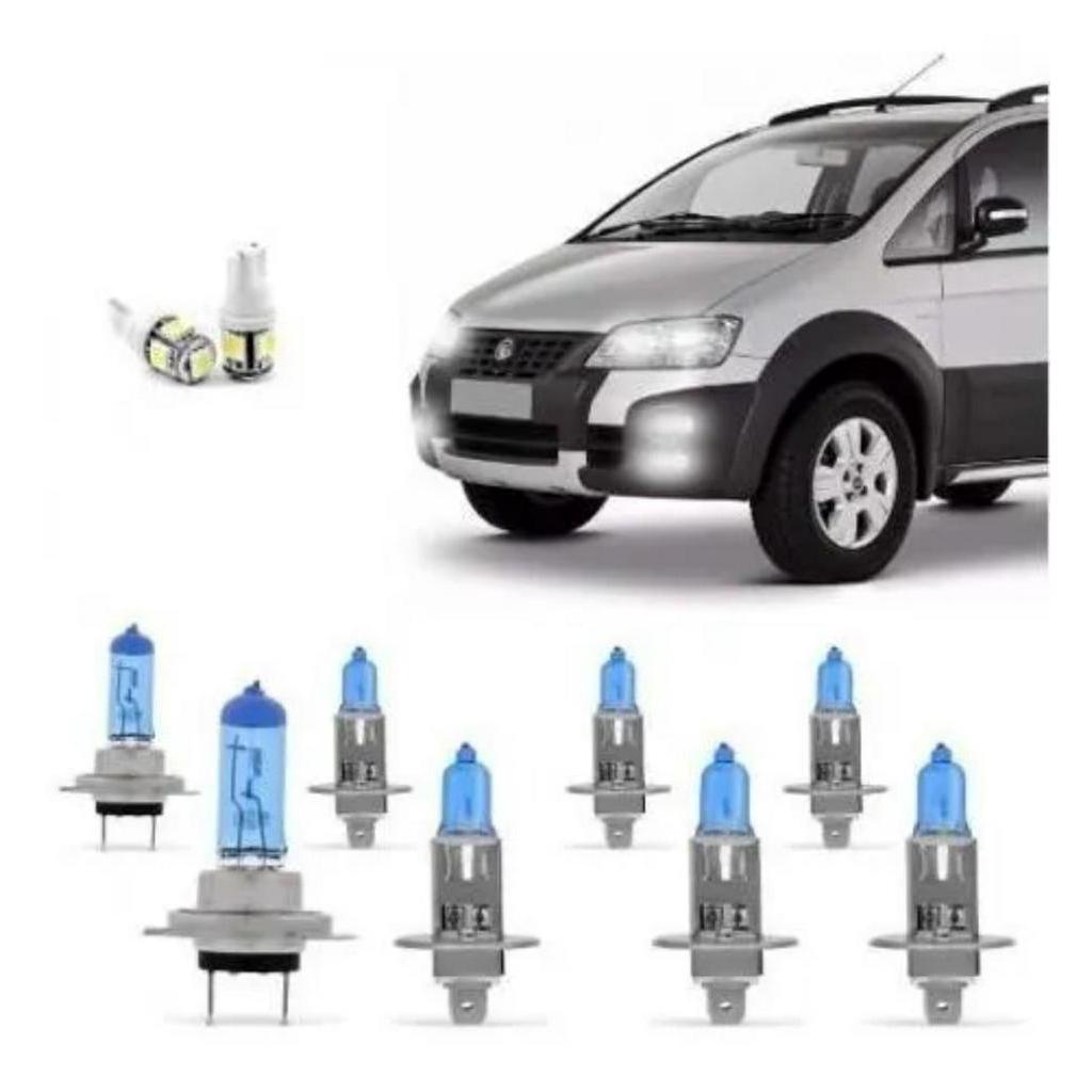 Kit Lâmpadas Super Branca Farol Alto H1 Baixo H7 Milha H1 Fiat Idea Adventure 2005 2006 2007 2008 2009